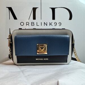 Michael Kors Sylvia Tri Color Admiral Leather Double Zip Crossbody Bag.